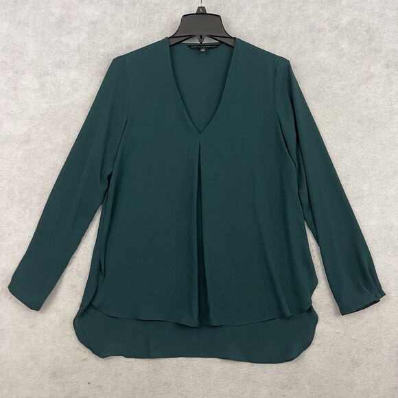 White House Black Market Blouse Womens Size 2 Green Pleated V Neck High Low Hem - Picture 6 of 11